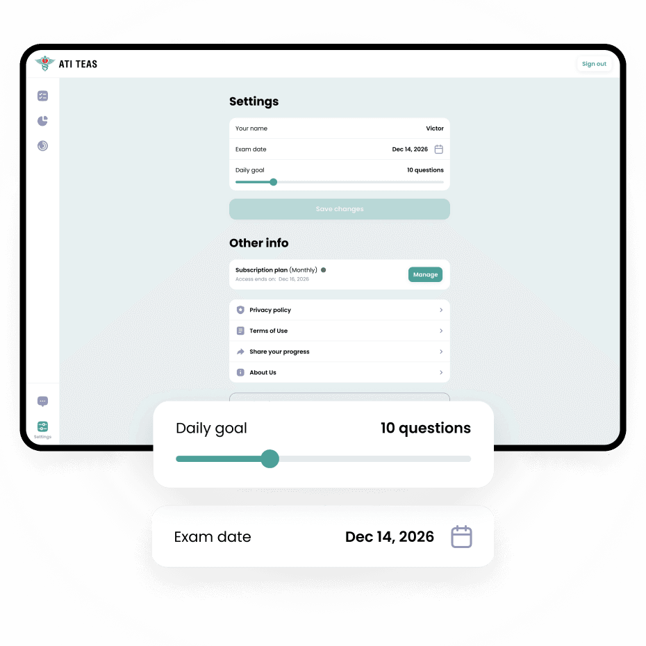 Daily goals and exam date settings for TEAS preparation
